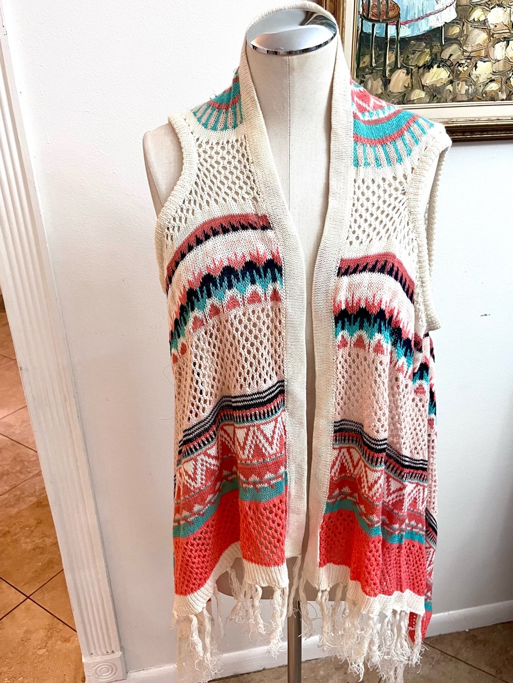No Boundaries Coral Crochet Open-Knit Vest with Teal & Pink Stripes